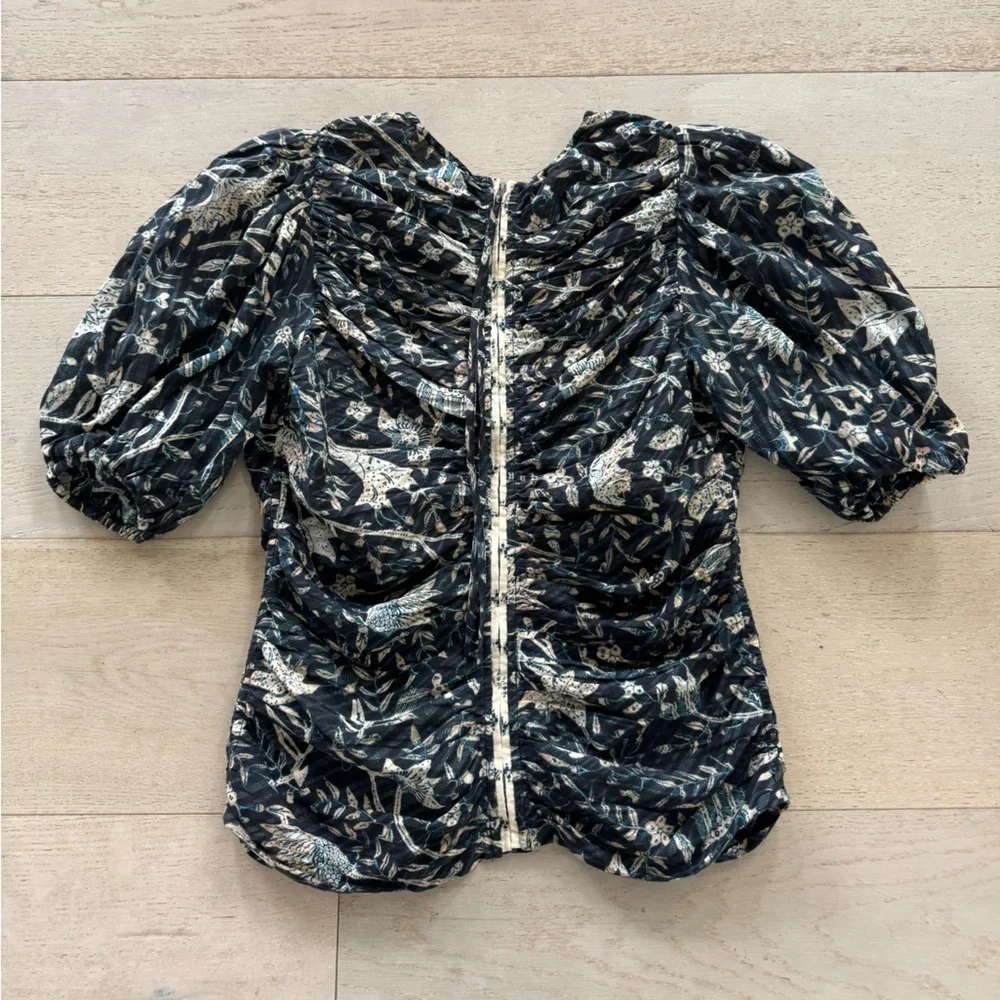Ulla Johnson Naya Puff sleeve top back zip blouse 6 rain forest